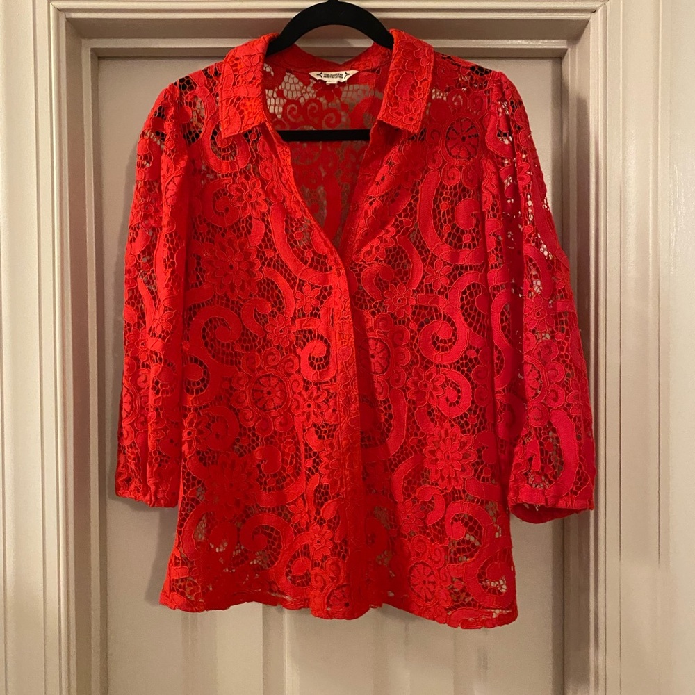 Nanette Lepore Large Vibrant Red Lace Coquette Blouse